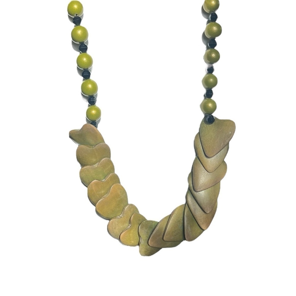 Vintage Green Black Beaded Wooden Necklace Ethnic Tribal